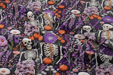 Happy Halloween 3D Çiçekler Arasında Kurukafa İskeletli Desenli Tasarım Dijital Baskılı Kumaş