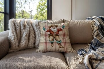 Yılbaşı Koleksiyonu- 45x45 cm Dikilmemiş 2’li Kırlent Paneli – Krem Ekose Zemin Western Kovboy Noel Baba