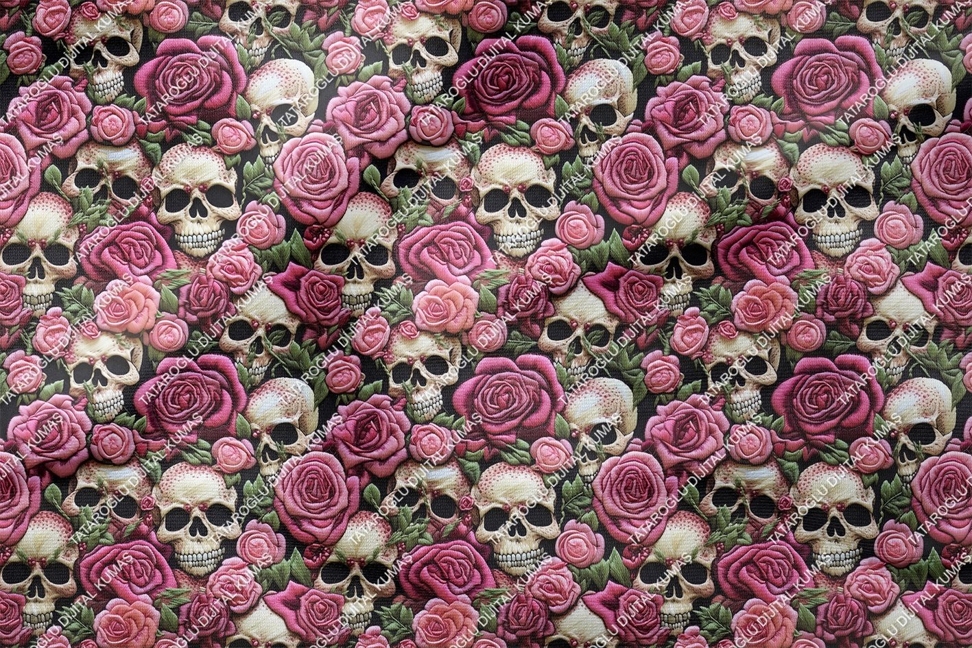 Happy Halloween 3D Güller Arasında Kurukafa Desenli Tasarım Dijital Baskılı Kumaş