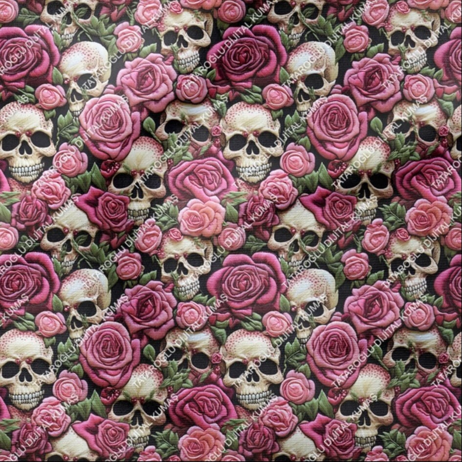 Happy Halloween 3D Güller Arasında Kurukafa Desenli Tasarım Dijital Baskılı Kumaş