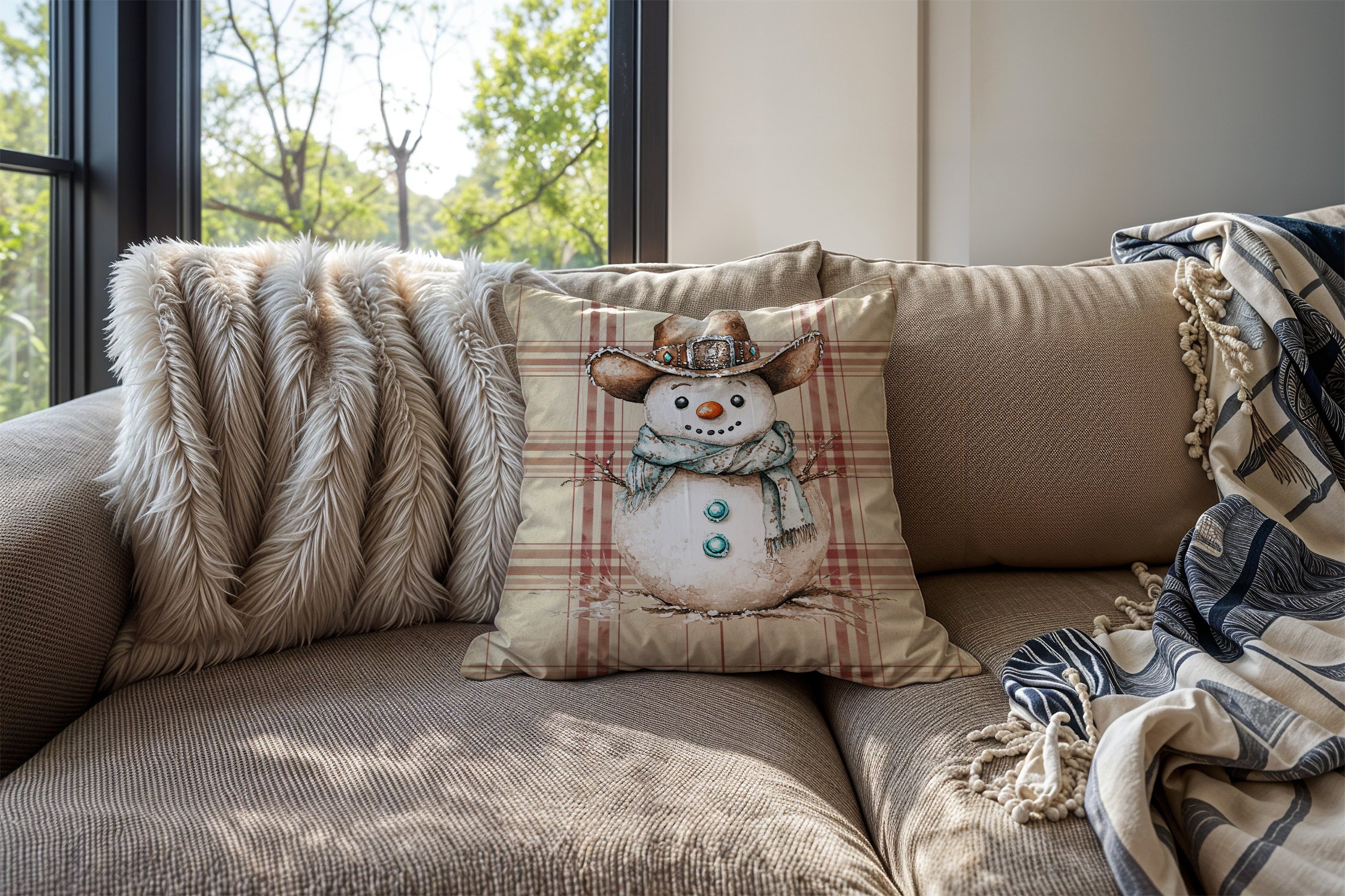 Yılbaşı Koleksiyonu- 45x45 cm Dikilmemiş 2’li Kırlent Paneli – Krem Ekose Zemin Western Kovboy Kardan Adam