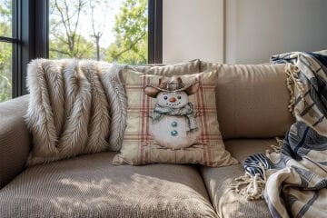 Yılbaşı Koleksiyonu- 45x45 cm Dikilmemiş 2’li Kırlent Paneli – Krem Ekose Zemin Western Kovboy Kardan Adam