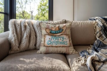 Yılbaşı Koleksiyonu- 45x45 cm Dikilmemiş 2’li Kırlent Paneli – Krem Ekose Zemin Western Kovboy Şapkası Merry Christmas