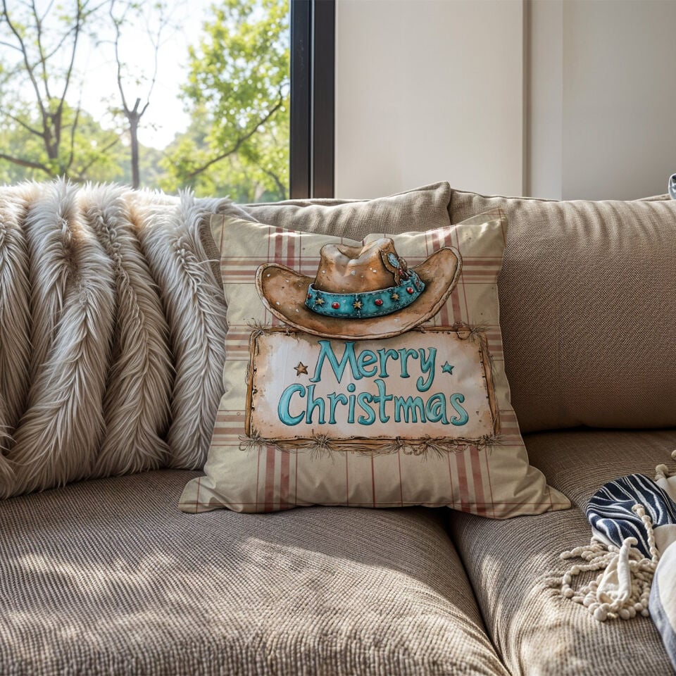 Yılbaşı Koleksiyonu- 45x45 cm Dikilmemiş 2’li Kırlent Paneli – Krem Ekose Zemin Western Kovboy Şapkası Merry Christmas