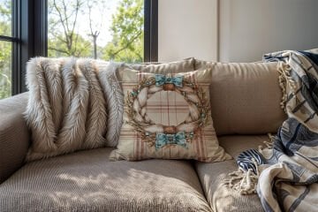 Yılbaşı Koleksiyonu- 45x45 cm Dikilmemiş 2’li Kırlent Paneli – Krem Ekose Zemin Western Kapı Süsü