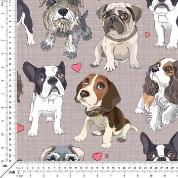 Keten Efektli Zemin Üzerine Koca Kafalı Köpekli Kumaş(SONBAHAR İNDİRİMİ)