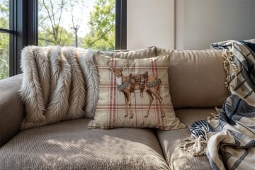 Yılbaşı Koleksiyonu- 45x45 cm Dikilmemiş 2’li Kırlent Paneli – Krem Ekose Zemin Western Ren Geyiği