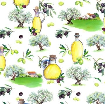 Zeytinyağı Şişeli Zeytin Desenli Dijital Baskı Kumaş(SONBAHAR İNDİRİMİ)
