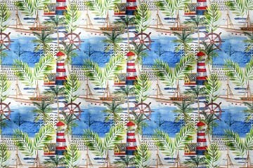 Palmiyeler İçinde Deniz Fenerli ve Tekneli Desen