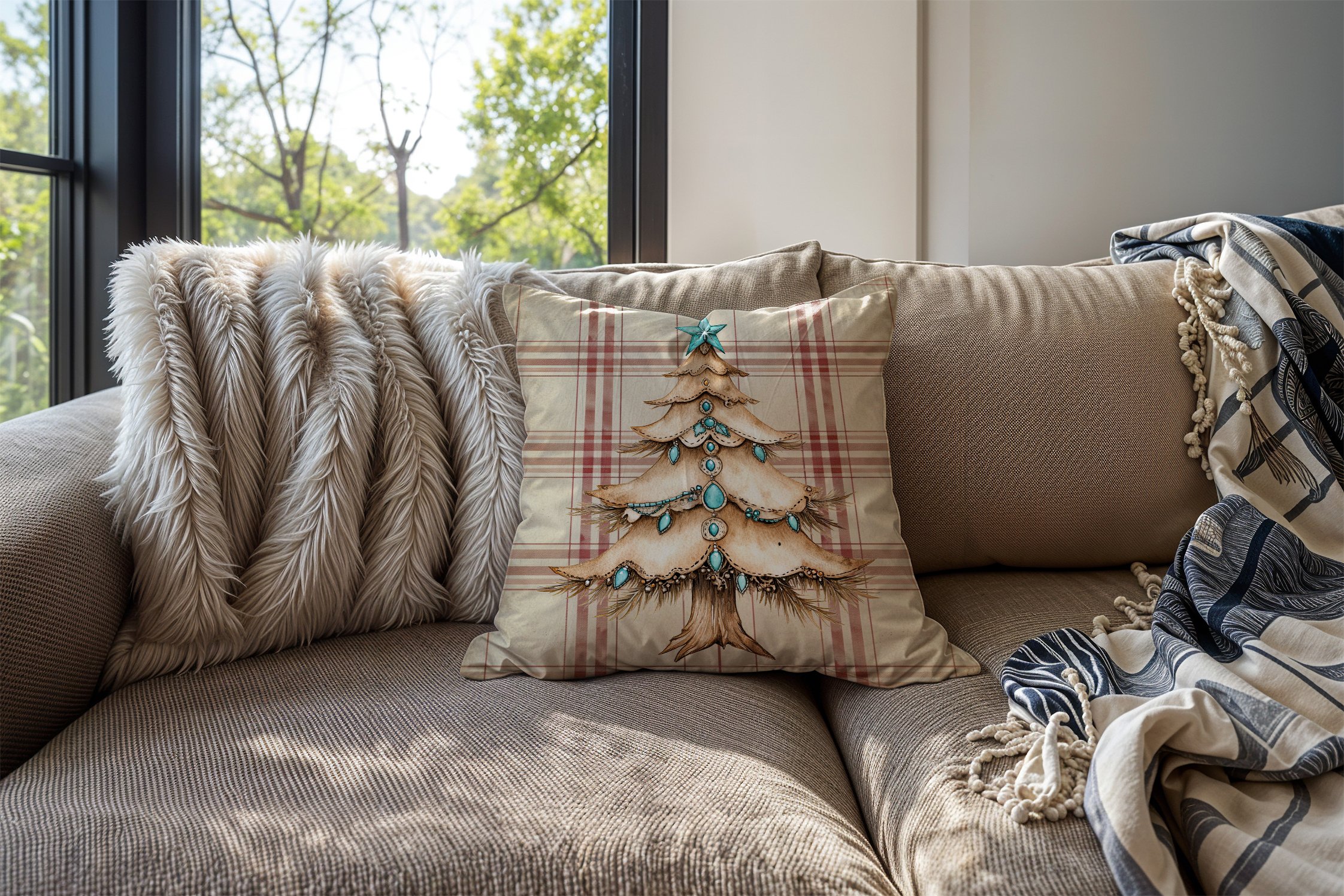 Yılbaşı Koleksiyonu- 45x45 cm Dikilmemiş 2’li Kırlent Paneli – Krem Ekose Zemin Western Çam Ağacı