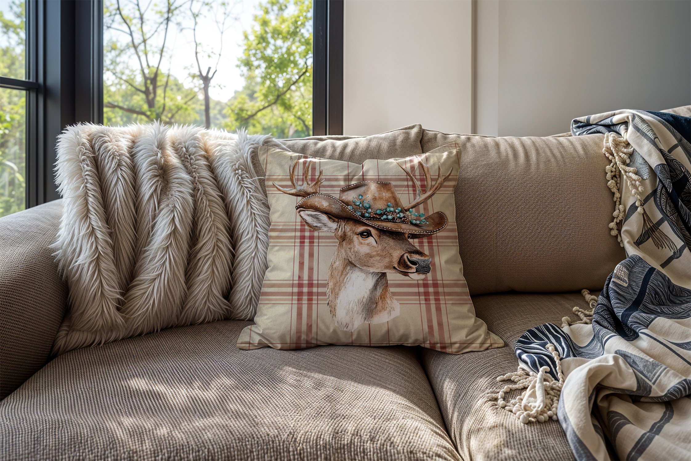 Yılbaşı Koleksiyonu- 45x45 cm Dikilmemiş 2’li Kırlent Paneli – Krem Ekose Zemin Western Şapkalı Ren Geyiği