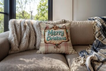 Yılbaşı Koleksiyonu- 45x45 cm Dikilmemiş 2’li Kırlent Paneli – Krem Ekose Zemin Western Merry Christmas