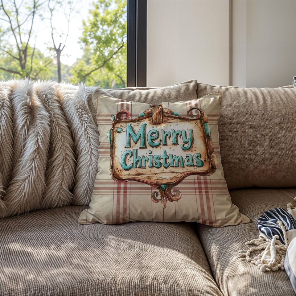 Yılbaşı Koleksiyonu- 45x45 cm Dikilmemiş 2’li Kırlent Paneli – Krem Ekose Zemin Western Merry Christmas