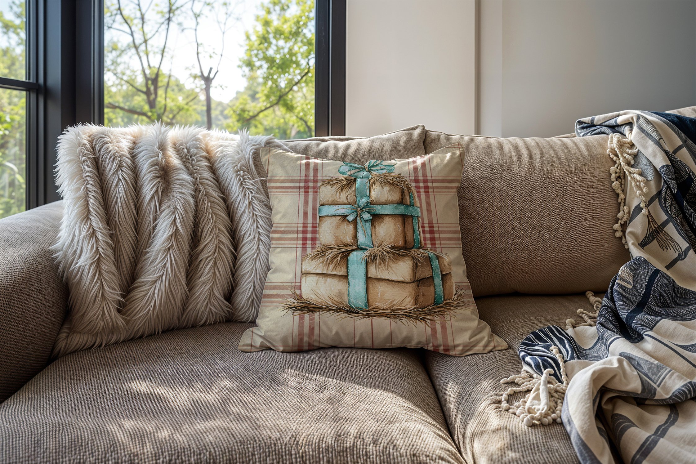 Yılbaşı Koleksiyonu- 45x45 cm Dikilmemiş 2’li Kırlent Paneli – Krem Ekose Zemin Western Yılbaşı Hediye Paketleri