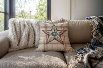 Yılbaşı Koleksiyonu- 45x45 cm Dikilmemiş 2’li Kırlent Paneli – Krem Ekose Zemin Western Kovboy Rozeti Yıldız