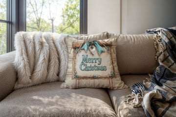 Yılbaşı Koleksiyonu- 45x45 cm Dikilmemiş 2’li Kırlent Paneli – Krem Ekose Zemin Western Merry Christmas