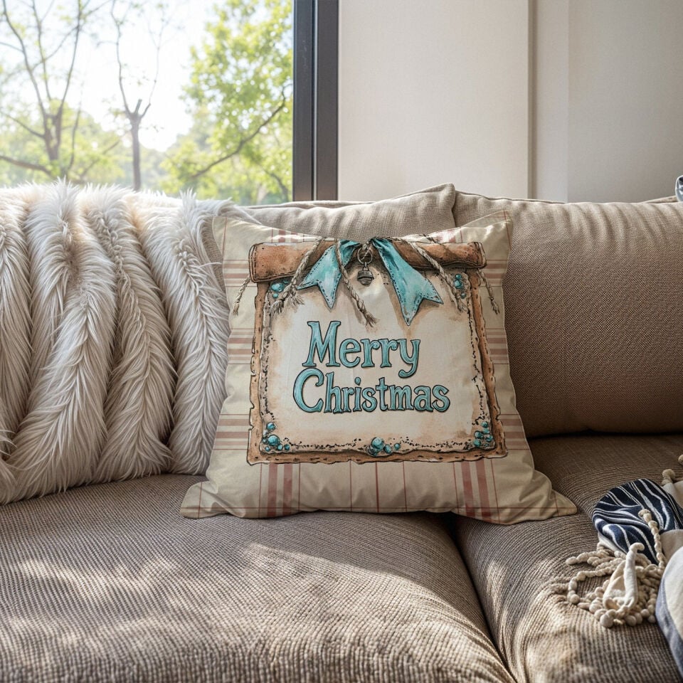 Yılbaşı Koleksiyonu- 45x45 cm Dikilmemiş 2’li Kırlent Paneli – Krem Ekose Zemin Western Merry Christmas