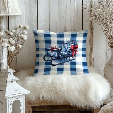 Yılbaşı Koleksiyonu- 45x45 cm Dikilmemiş 2’li Kırlent Paneli – Mavi Ekose Zemin Kar Kızağı