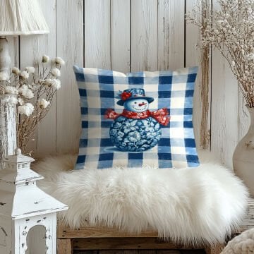 Yılbaşı Koleksiyonu- 45x45 cm Dikilmemiş 2’li Kırlent Paneli – Mavi Ekose Zemin Toile de Jouy Kardan Adam