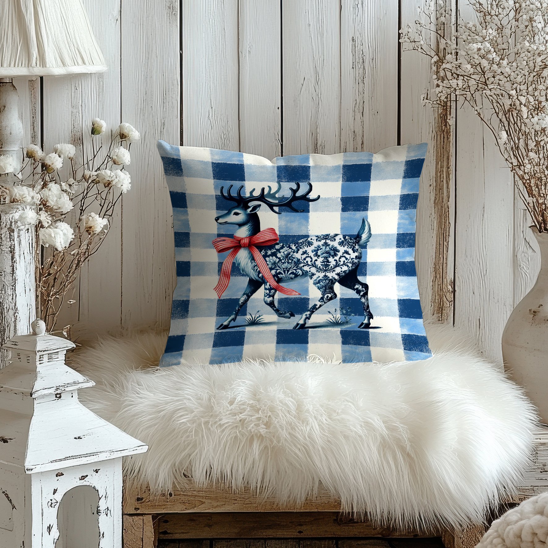 Yılbaşı Koleksiyonu- 45x45 cm Dikilmemiş 2’li Kırlent Paneli – Mavi Ekose Zemin Toile de Jouy Ren Geyiği