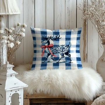 Yılbaşı Koleksiyonu- 45x45 cm Dikilmemiş 2’li Kırlent Paneli – Mavi Ekose Zemin Toile de Jouy Ren Geyiği