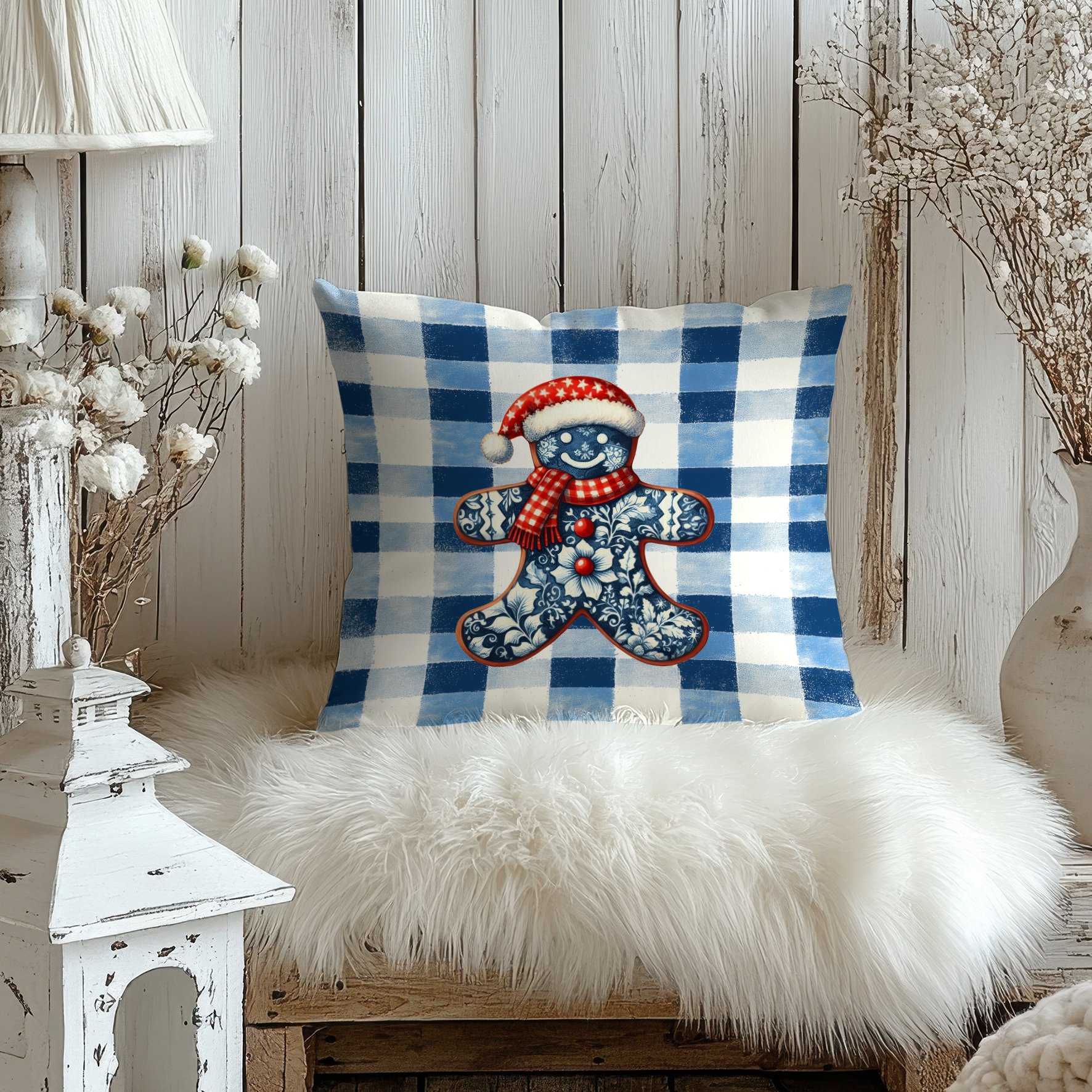 Yılbaşı Koleksiyonu- 45x45 cm Dikilmemiş 2’li Kırlent Paneli – Mavi Ekose Zemin Toile de Jouy Zencefilli Kurabiye