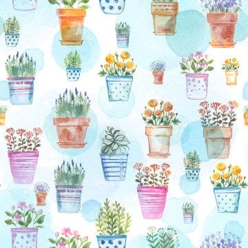 Cactus Series-Digital Printed Fabric with Cactus Pattern in a Pot on a Blue Watercolor Background