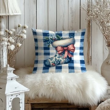 Yılbaşı Koleksiyonu- 45x45 cm Dikilmemiş 2’li Kırlent Paneli – Mavi Ekose Zemin Toile de Jouy Yılbaşı Çorabı