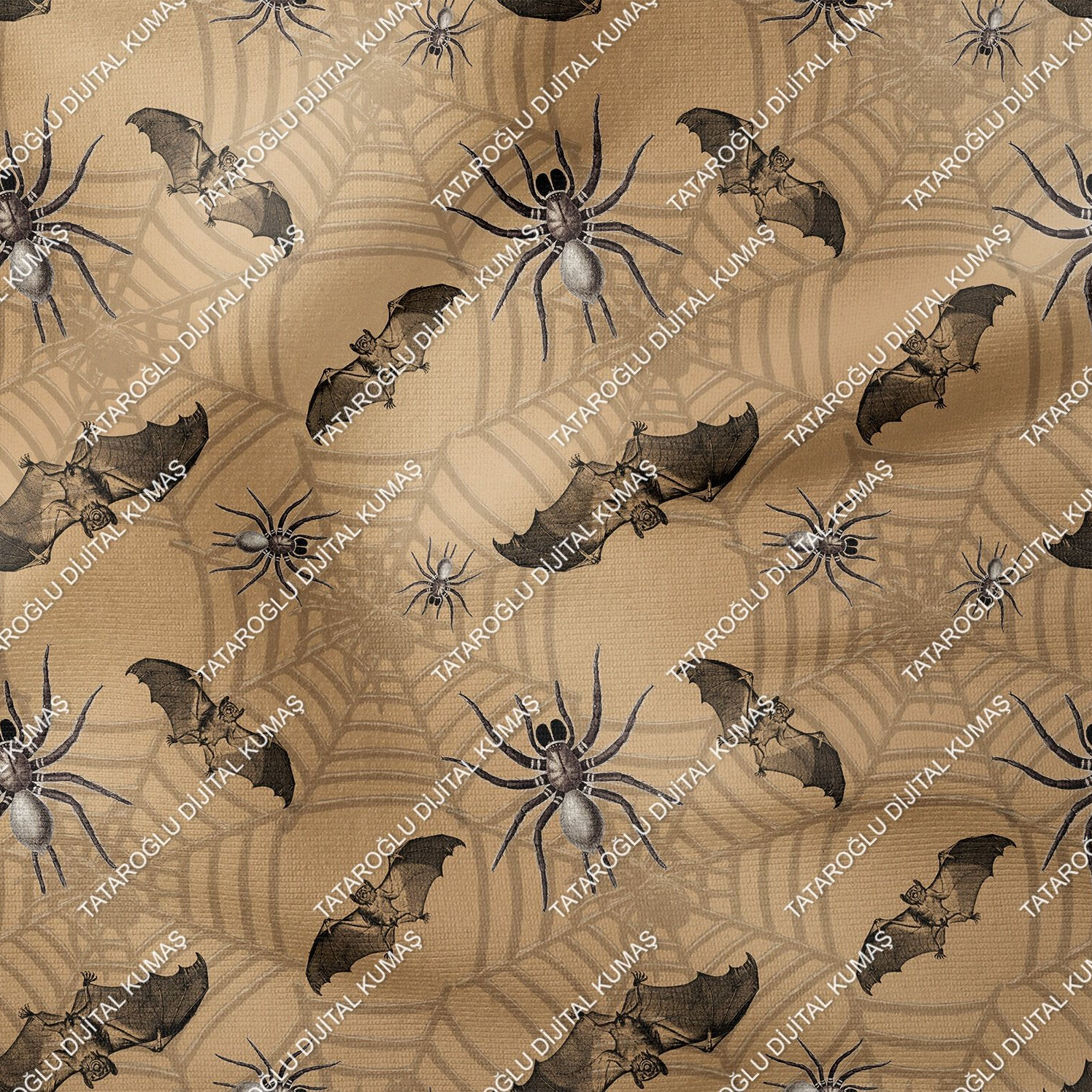 Happy Halloween Kahve Zeminli Örümcek Ağları Tasarım Dijital Baskılı Kumaş