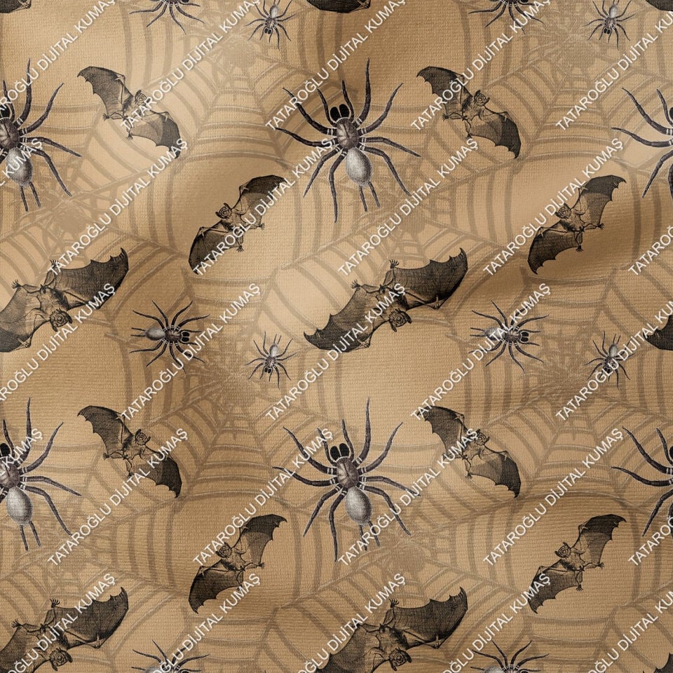 Happy Halloween Kahve Zeminli Örümcek Ağları Tasarım Dijital Baskılı Kumaş