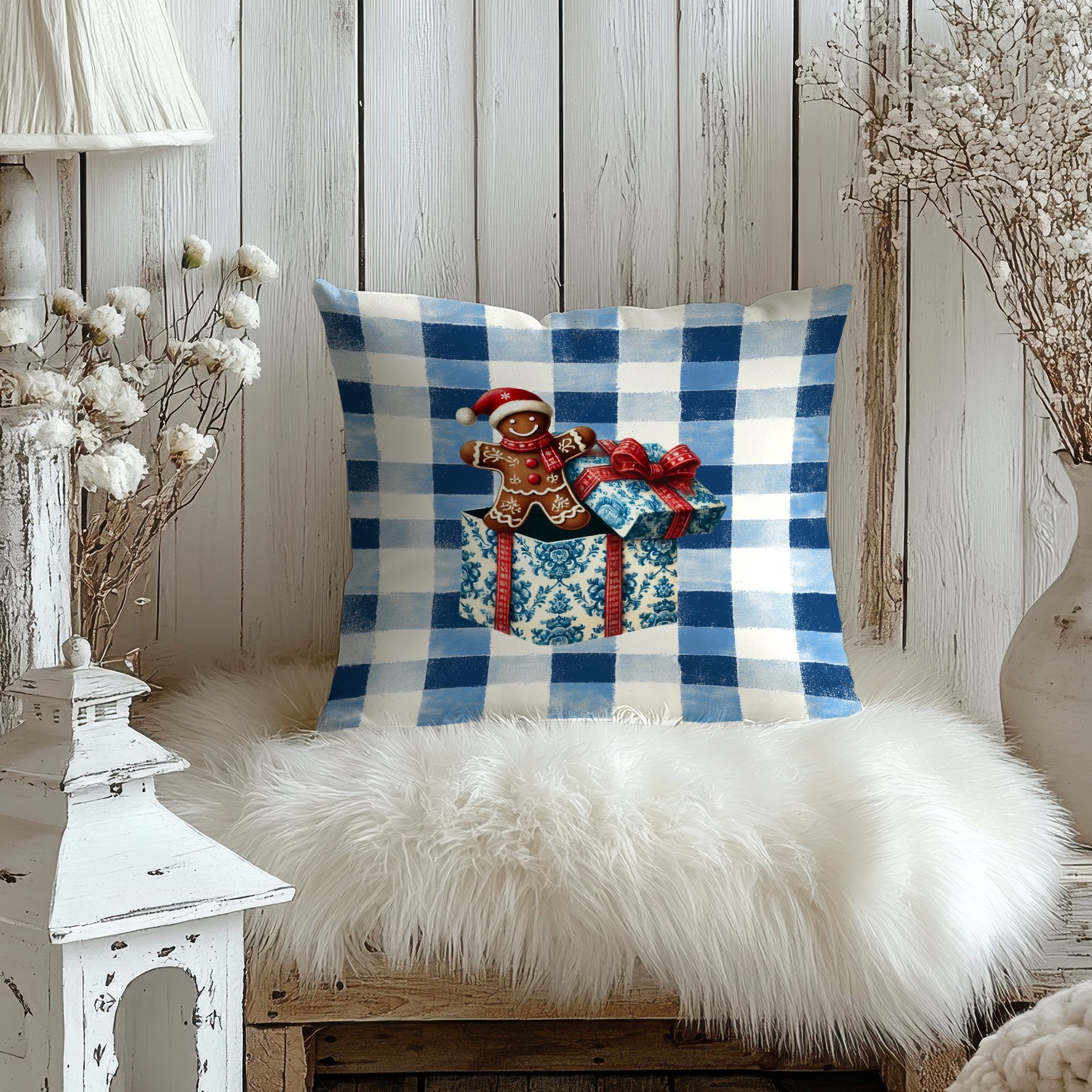 Yılbaşı Koleksiyonu- 45x45 cm Dikilmemiş 2’li Kırlent Paneli – Mavi Ekose Zemin Toile de Jouy Hediye Paketi Zencefilli Kurabiye