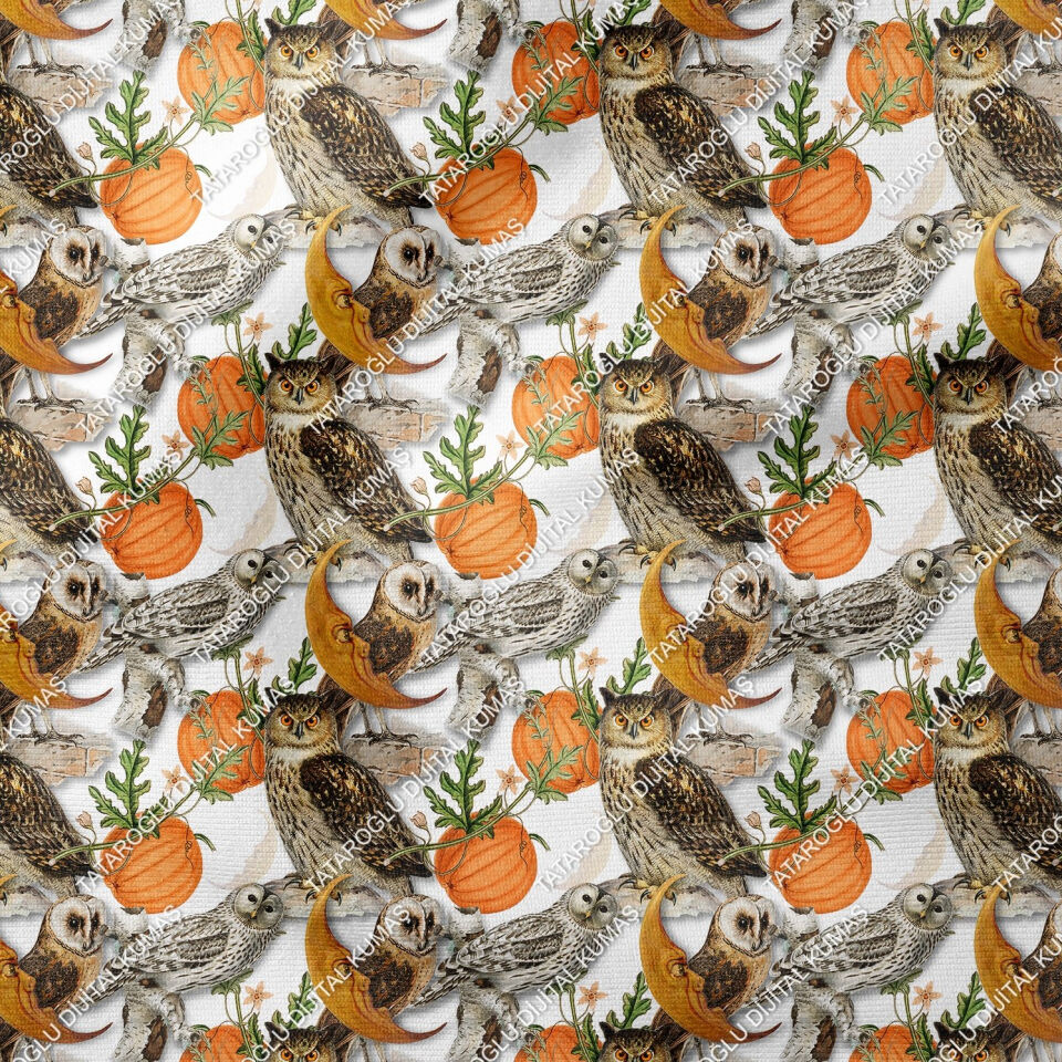 Happy Halloween Bal Kabakları Arasında Baykuş Desenli Tasarım Dijital Baskılı Kumaş