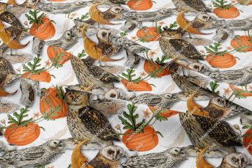 Happy Halloween Bal Kabakları Arasında Baykuş Desenli Tasarım Dijital Baskılı Kumaş