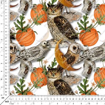 Happy Halloween Bal Kabakları Arasında Baykuş Desenli Tasarım Dijital Baskılı Kumaş