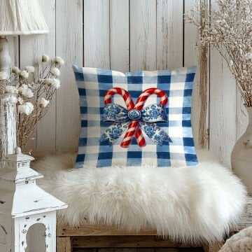 Yılbaşı Koleksiyonu- 45x45 cm Dikilmemiş 2’li Kırlent Paneli – Mavi Ekose Zemin Toile de Jouy Baston Şeker