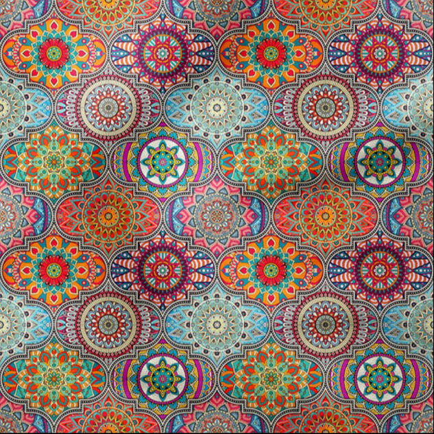 Renkli Geometrik Mandala Desenli Dijital Baskılı Kumaş