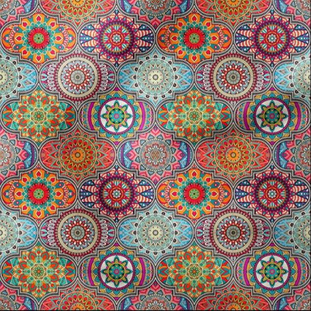 Renkli Geometrik Mandala Desenli Dijital Baskılı Kumaş