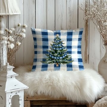 Yılbaşı Koleksiyonu- 45x45 cm Dikilmemiş 2’li Kırlent Paneli – Mavi Ekose Zemin Yılbaşı Ağacı