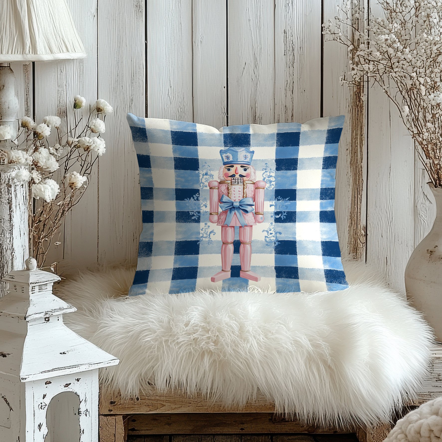 Yılbaşı Koleksiyonu- 45x45 cm Dikilmemiş 2’li Kırlent Paneli – Mavi Ekose Zemin Toile De Jouy Pembe Kurşun Asker