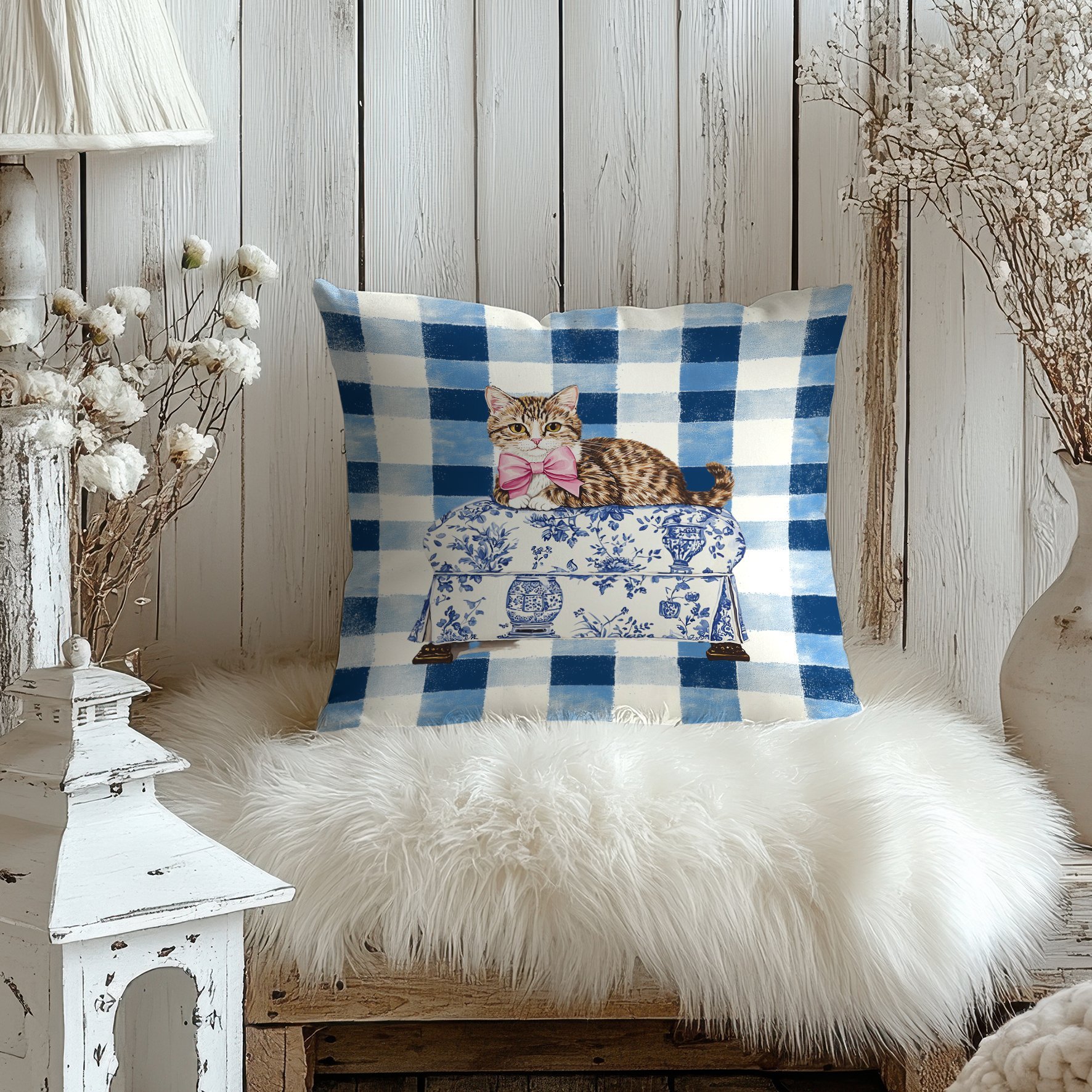 Yılbaşı Koleksiyonu- 45x45 cm Dikilmemiş 2’li Kırlent Paneli – Mavi Ekose Zemin Toile De Jouy Puf üzerinde Pembe Kurdeleli Kedi