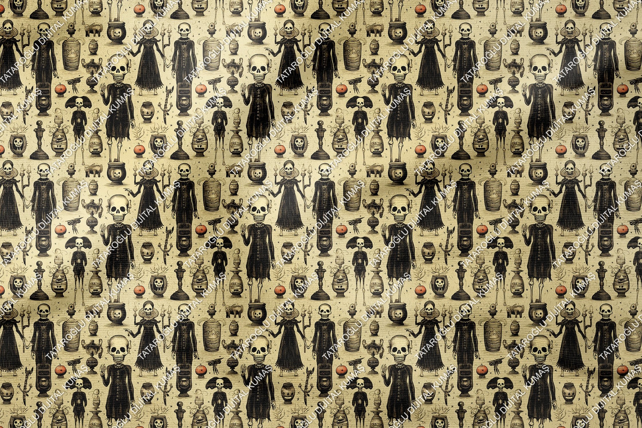 Happy Halloween Krem Zeminli Kurukafa Desenli Tasarım Dijital Baskılı Kumaş