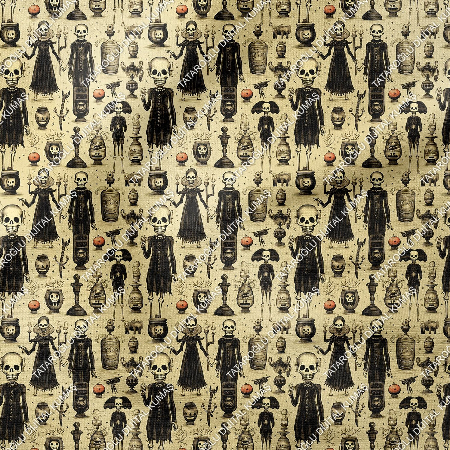 Happy Halloween Krem Zeminli Kurukafa Desenli Tasarım Dijital Baskılı Kumaş