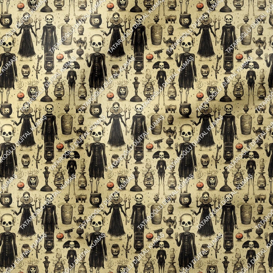 Happy Halloween Krem Zeminli Kurukafa Desenli Tasarım Dijital Baskılı Kumaş