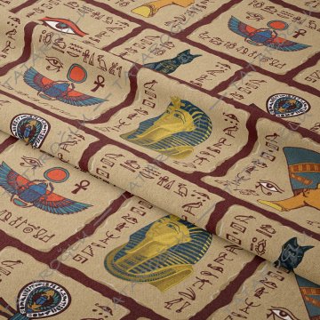 Kahverengi Firavun Desenli Dijital Baskılı Kumaş