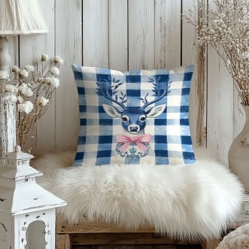 Yılbaşı Koleksiyonu- 45x45 cm Dikilmemiş 2’li Kırlent Paneli – Mavi Ekose Zemin Toile De Jouy Pembe Kurdeleli Ren Geyiği