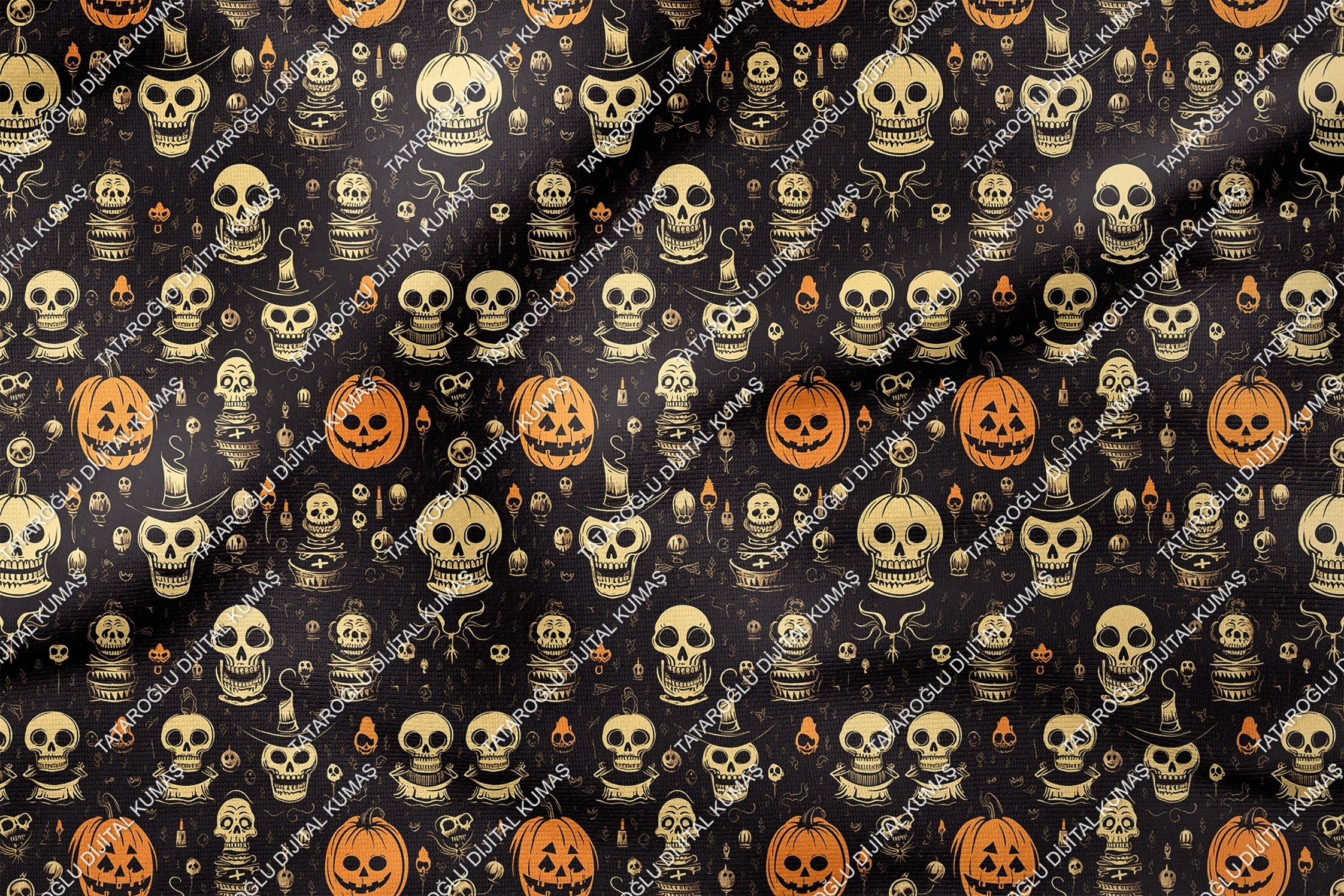 Happy Halloween Siyah Zeminli Bal Kabaklı Kurukafa Desenli Tasarım Dijital Baskılı Kumaş