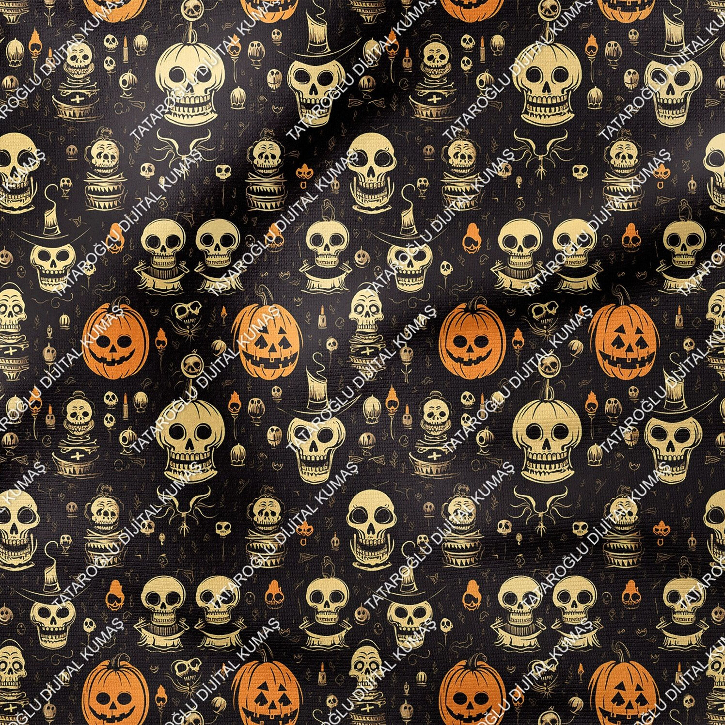 Happy Halloween Siyah Zeminli Bal Kabaklı Kurukafa Desenli Tasarım Dijital Baskılı Kumaş