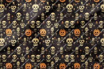 Happy Halloween Siyah Zeminli Bal Kabaklı Kurukafa Desenli Tasarım Dijital Baskılı Kumaş