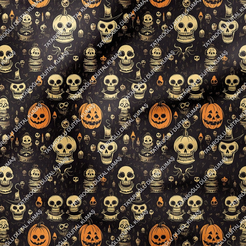Happy Halloween Siyah Zeminli Bal Kabaklı Kurukafa Desenli Tasarım Dijital Baskılı Kumaş