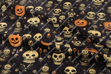 Happy Halloween Siyah Zeminli Bal Kabaklı Kurukafa Desenli Tasarım Dijital Baskılı Kumaş